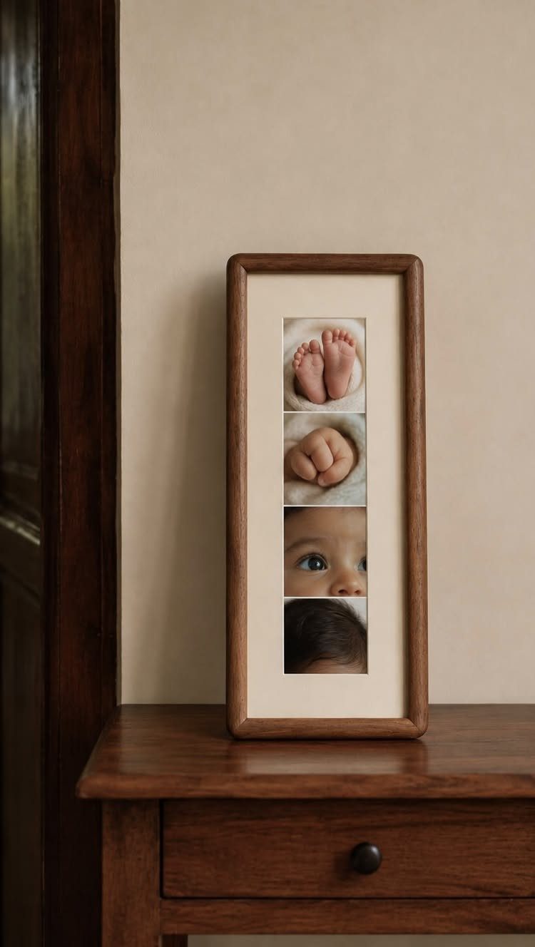 Wooden picture frame with baby photos sitting on a dark wood bedside table.