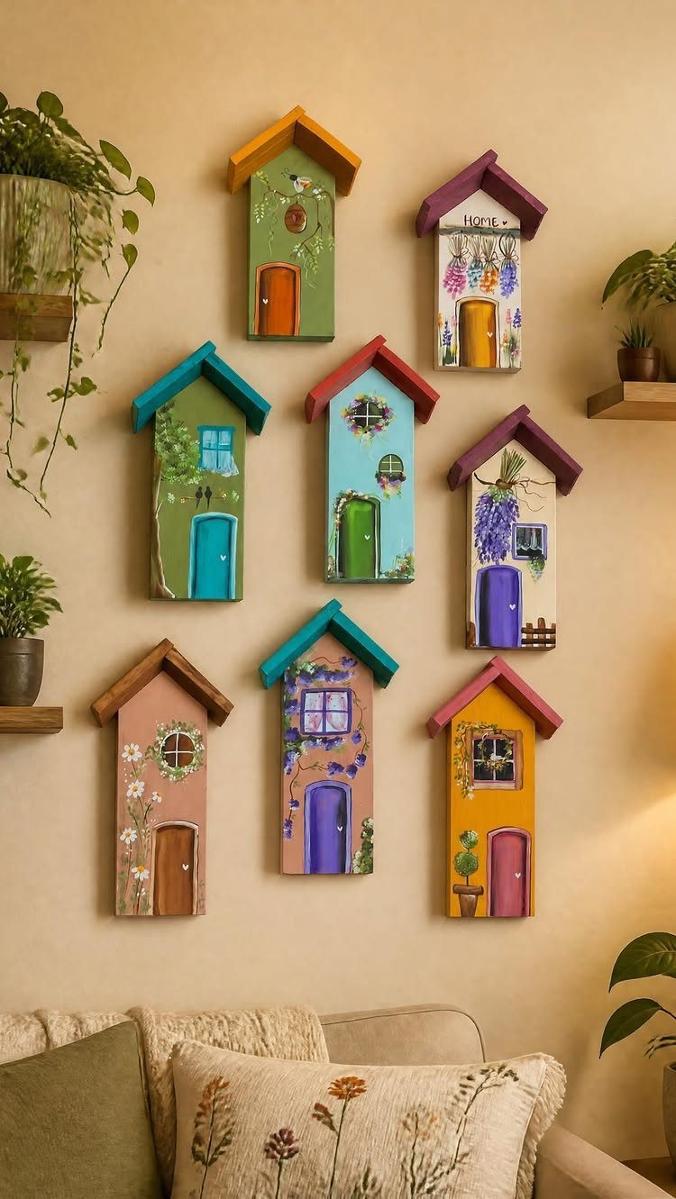 Colorful wooden house-shaped wall art decorations mounted on a neutral beige wall.