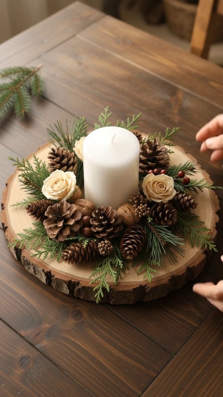 White pillar candle on a wooden log slice with pinecones and evergreen sprigs.