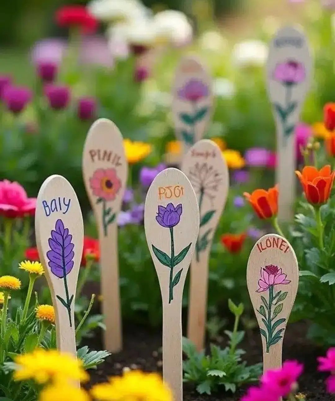 Wooden spoon garden markers painted with flowers and names in a blooming garden.