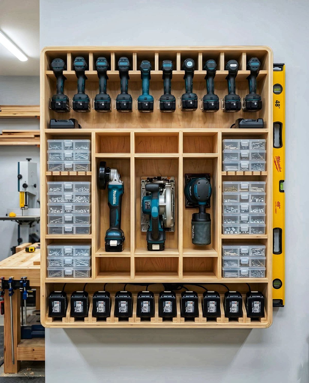 Tool Storage DIY Ideas: 7 Projects for Any Garage 5 Wooden wall-mounted tool storage organizer holding power drills and hardware bins.