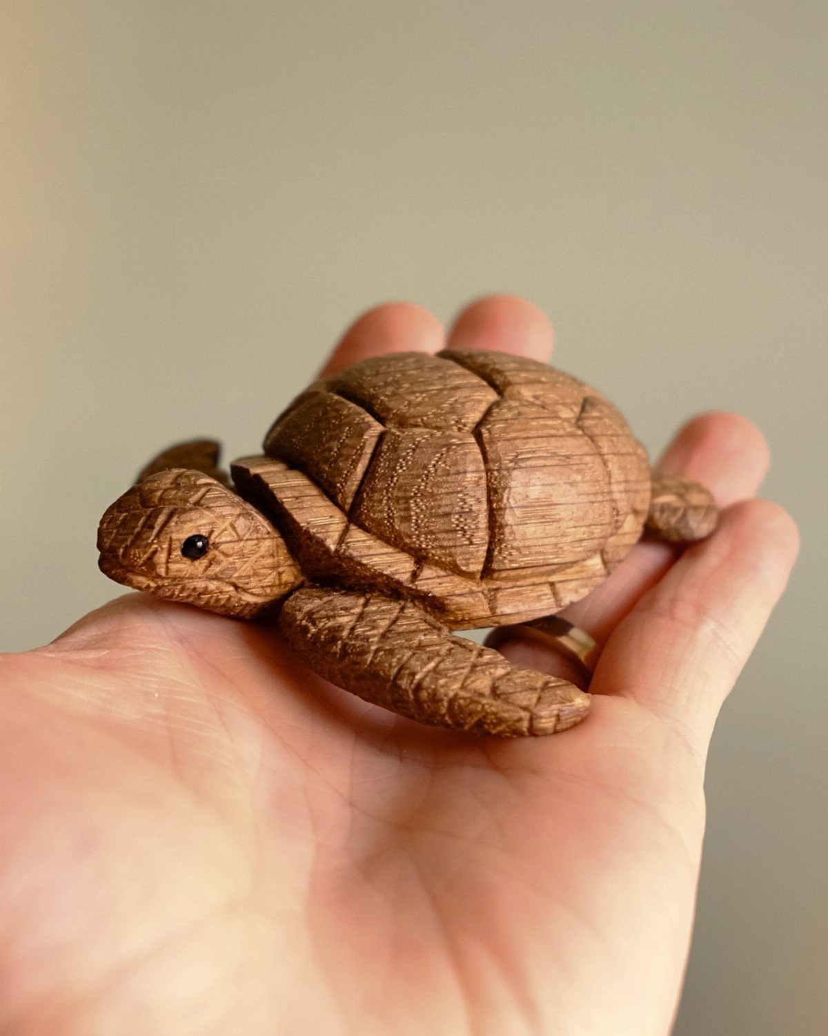 Hand-carved wooden turtle with detailed shell resting in a person's open palm.