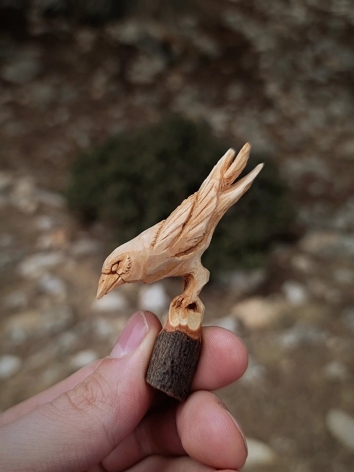 Hand-carved wooden bird with detailed feathers and a bark base held in a hand.