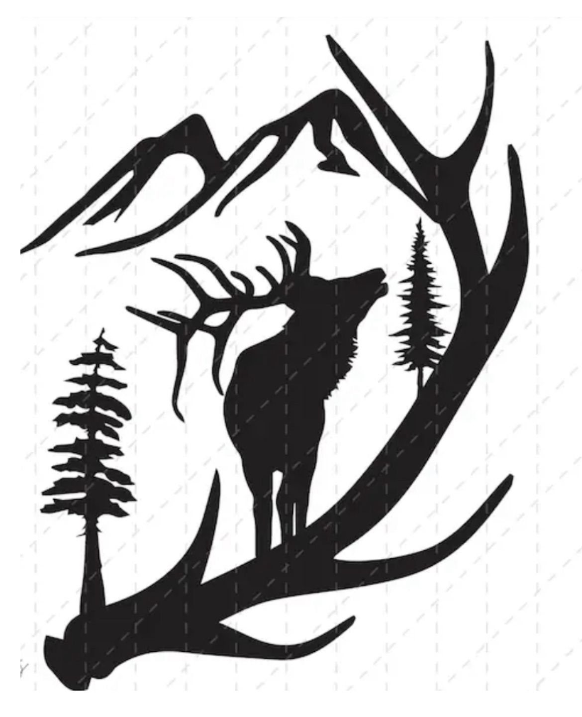 12 Wood Burn Designs for Beginners: Strokes and Patterns 11 Stag silhouette with mountains and pine trees framed by a large antler.