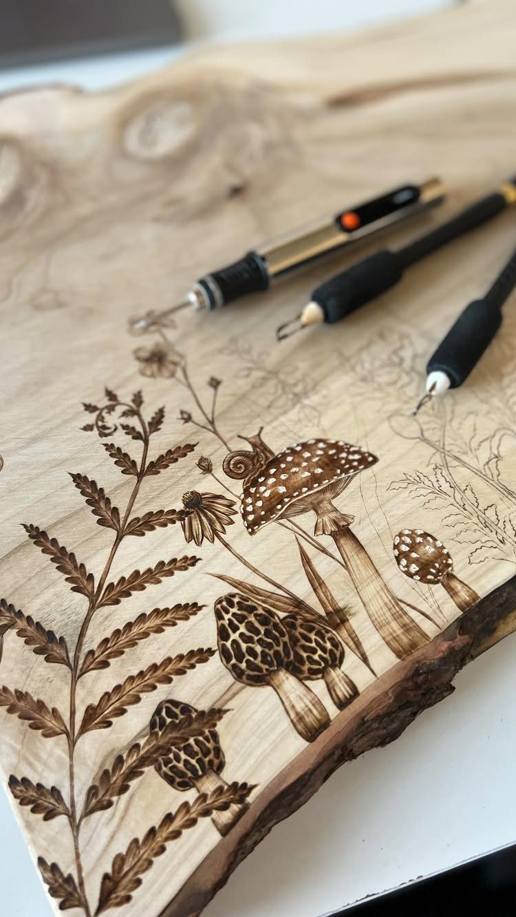 12 Wood Burn Designs for Beginners: Strokes and Patterns 9 Wood burned illustration of mushrooms and ferns on a natural wood slab with tools.