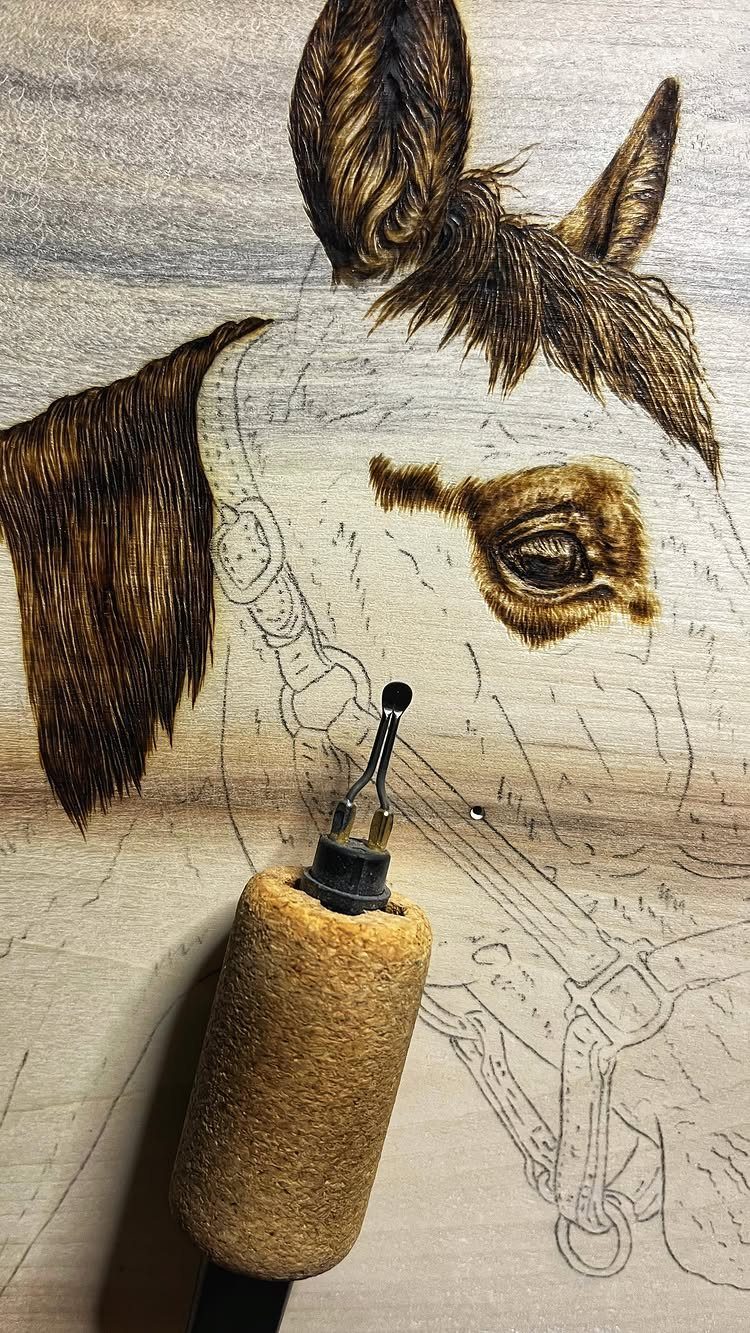 12 Wood Burn Designs for Beginners: Strokes and Patterns 1 Wood burning tool resting on a pyrography drawing of a horse with detailed hair strokes.