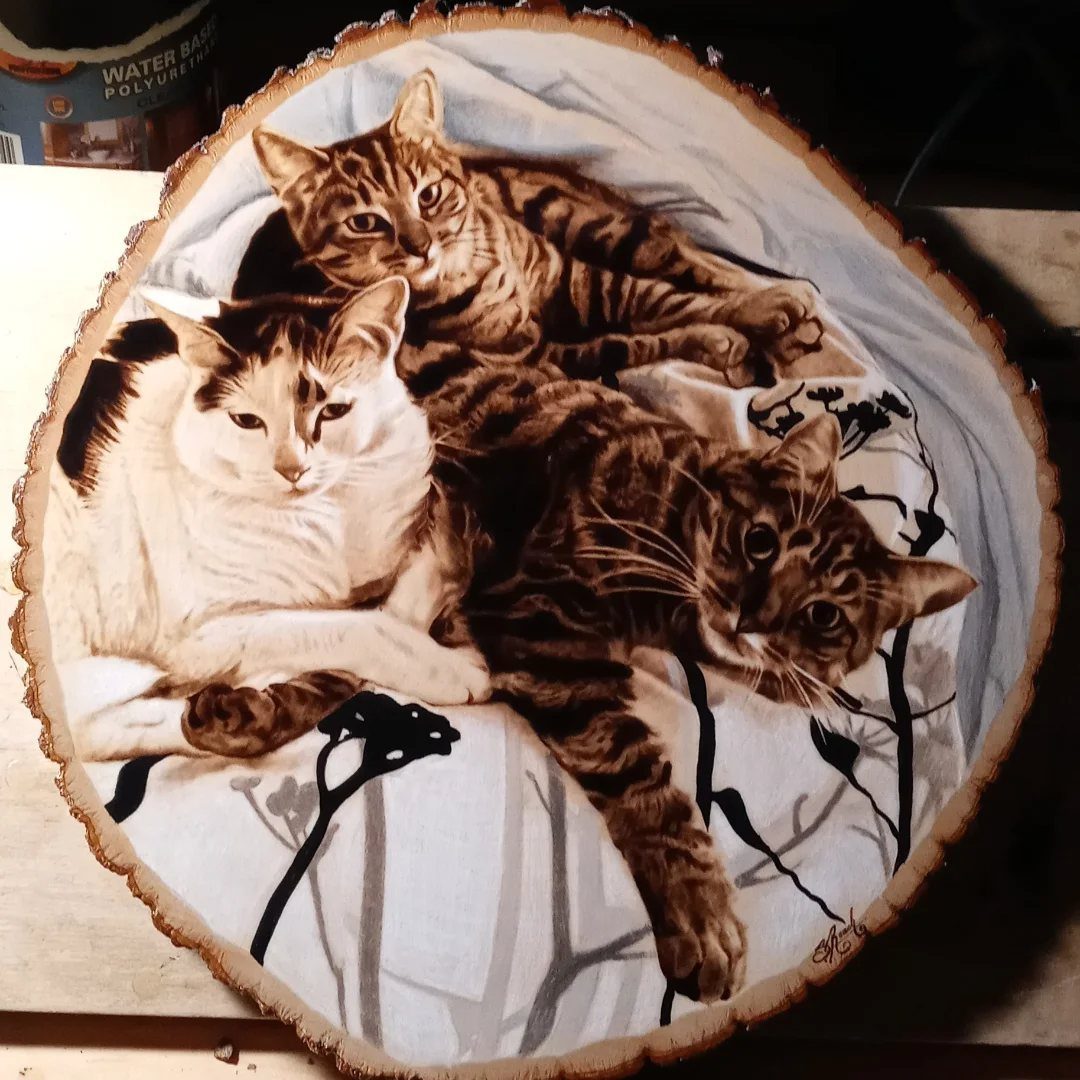 Wood Burning Art: 8 Ideas for Spoons, Coasters and More 5 Three cats depicted in a detailed wood-burned portrait on a natural wood slice.