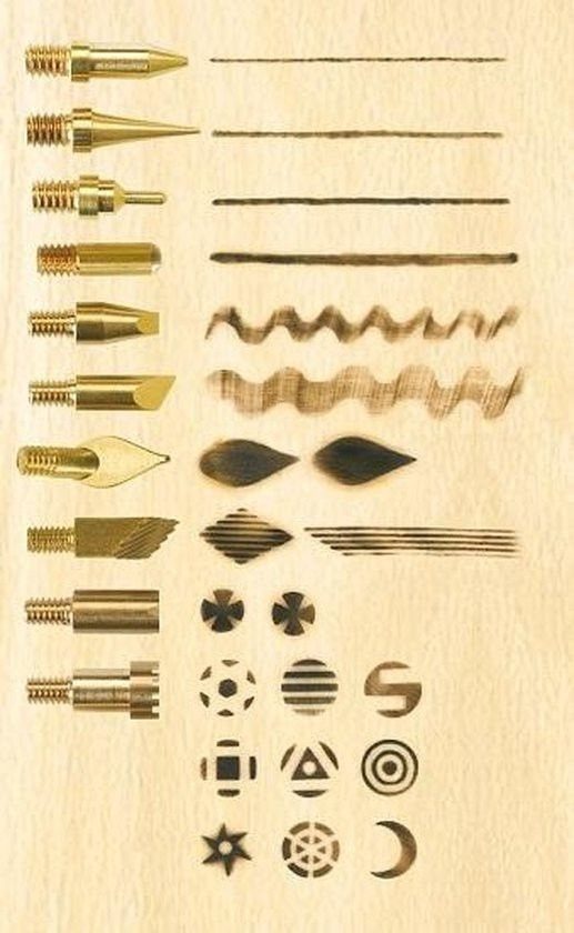 Wood Burning Carving Ideas: 7 Designs for Pyrography 6 Pyrography tool tips and their corresponding burned patterns on a light wood surface