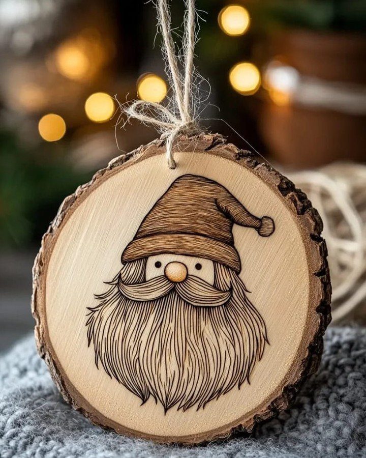 Wood slice ornament featuring a pyrographed gnome with a long beard and hat.