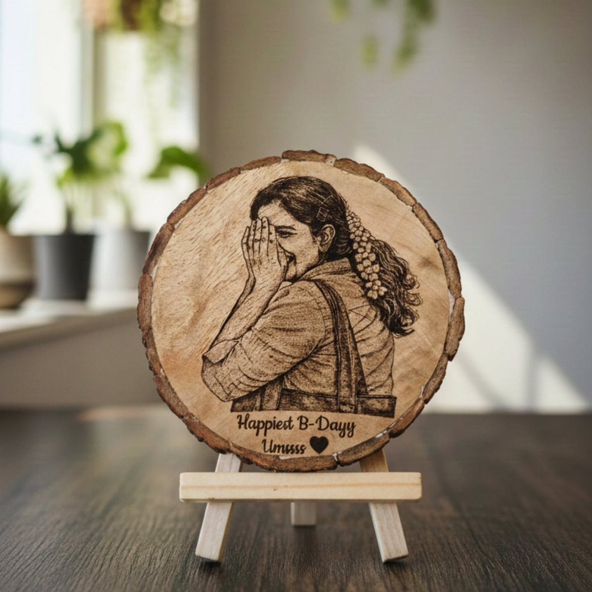 Wood burned portrait of a woman on a natural wood slice with easel