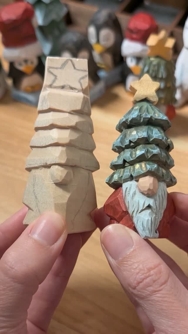 Wood Carved Ornaments: 7 Ideas for Holiday and Home 3 Two hand-carved wooden gnome ornaments, one natural and one painted, held by fingers.