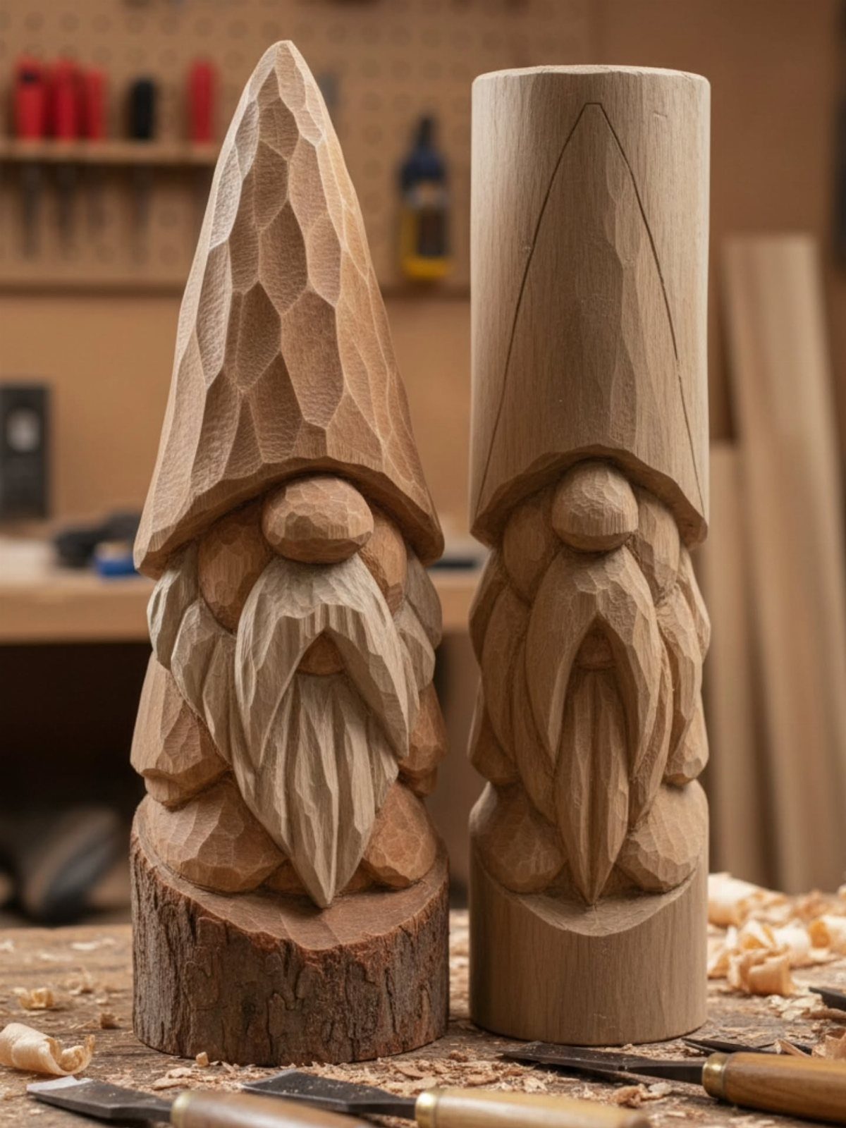 Two wooden gnome carvings, one finished and one rough, on a workbench.
