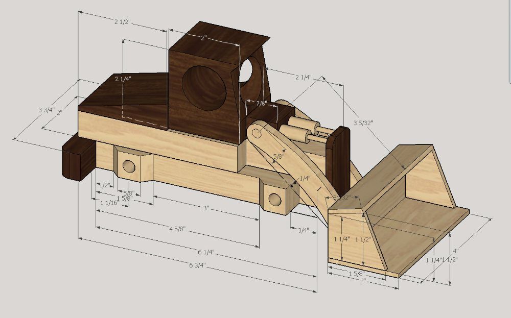 Wooden front-end loader toy model with detailed measurement lines and dimensions for construction.
