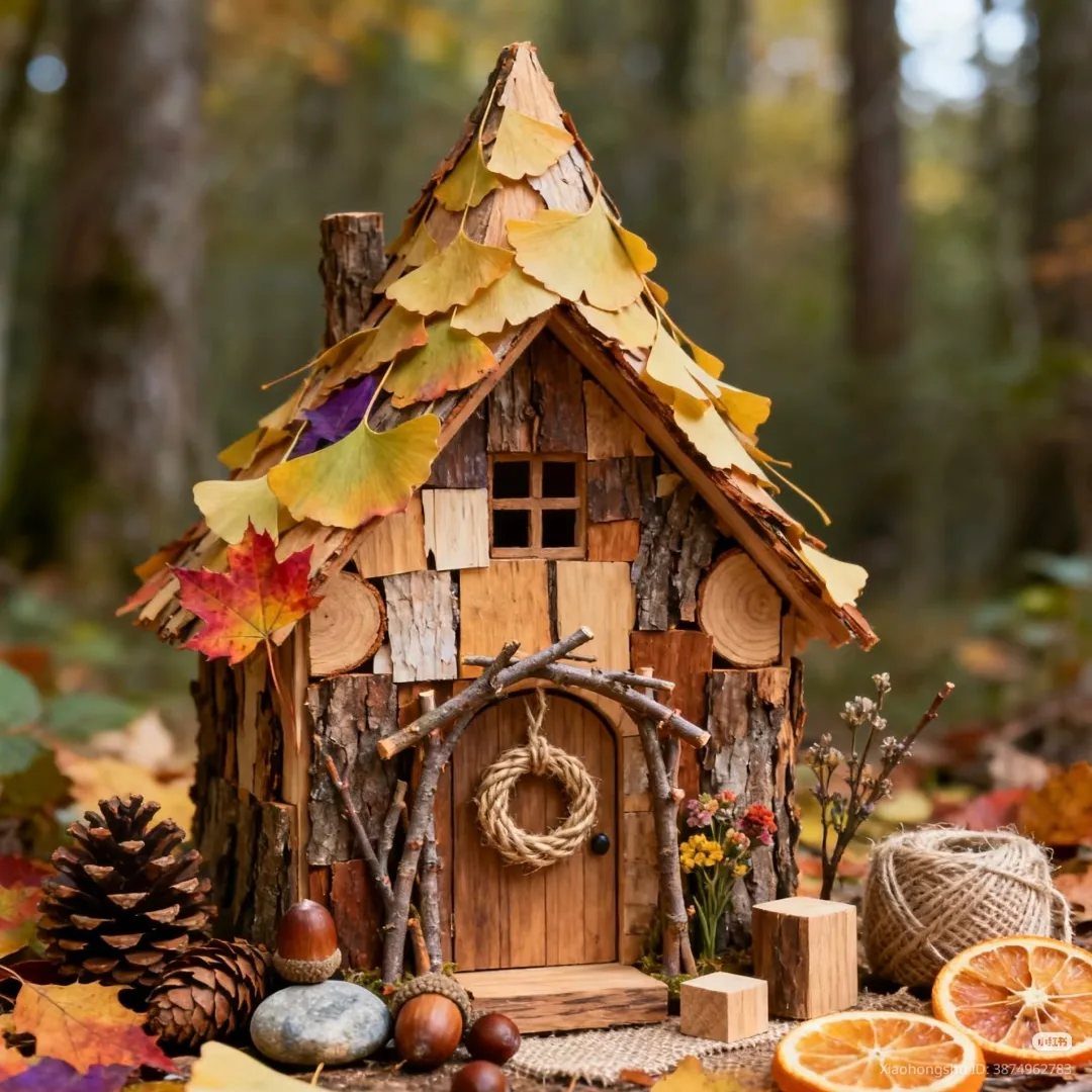 5 Wood Carving Tutorials for Spoons, Waves and Fairy Houses 5 Whimsical fairy house made of wood and bark with yellow leaf roof in autumn forest