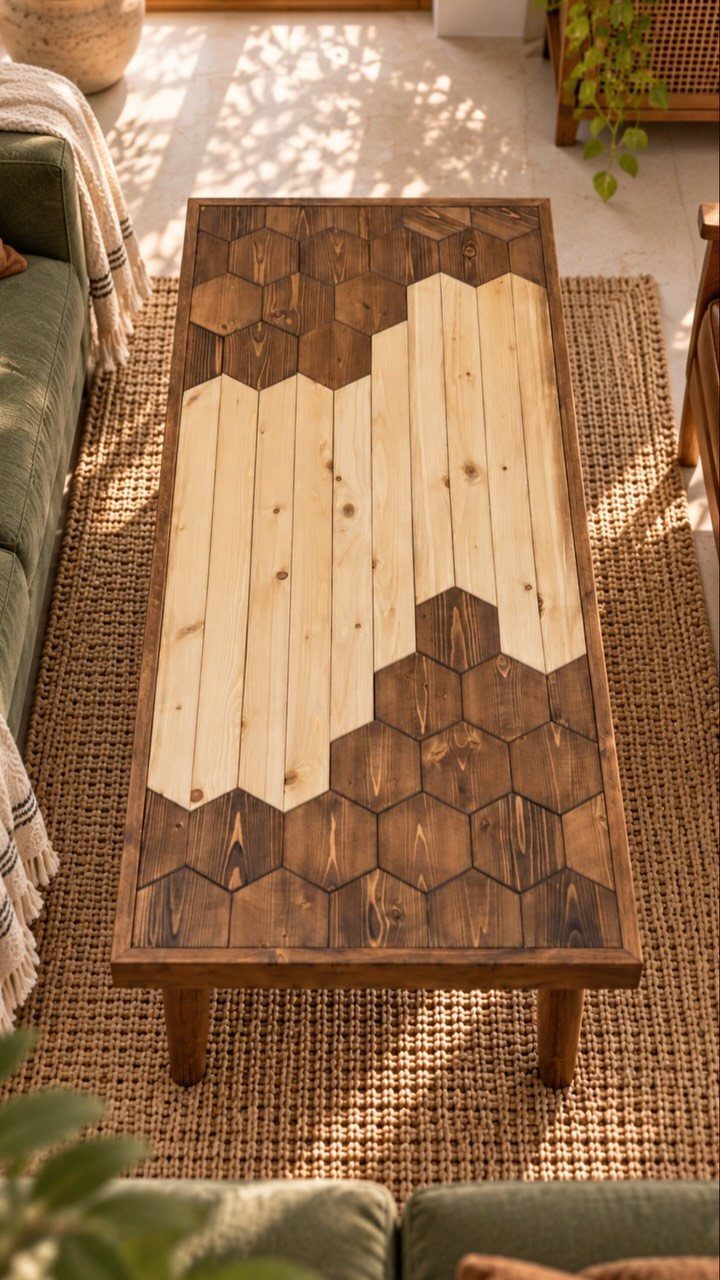 Wooden coffee table with a geometric honeycomb pattern of light and dark wood.