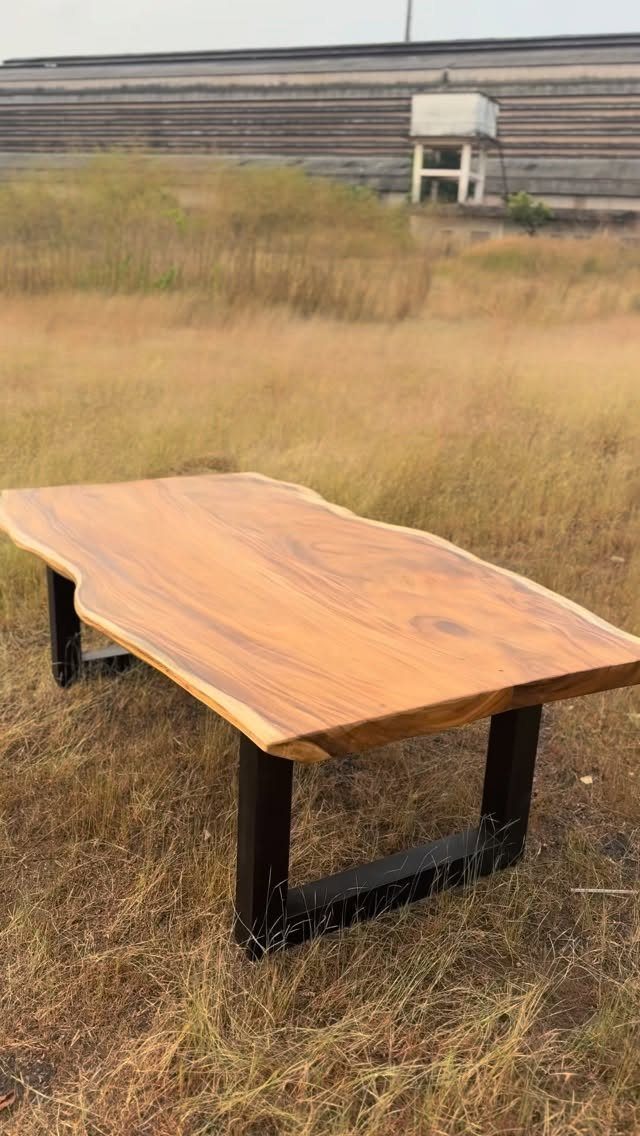 Live edge wooden table with black metal legs in a dry grassy field