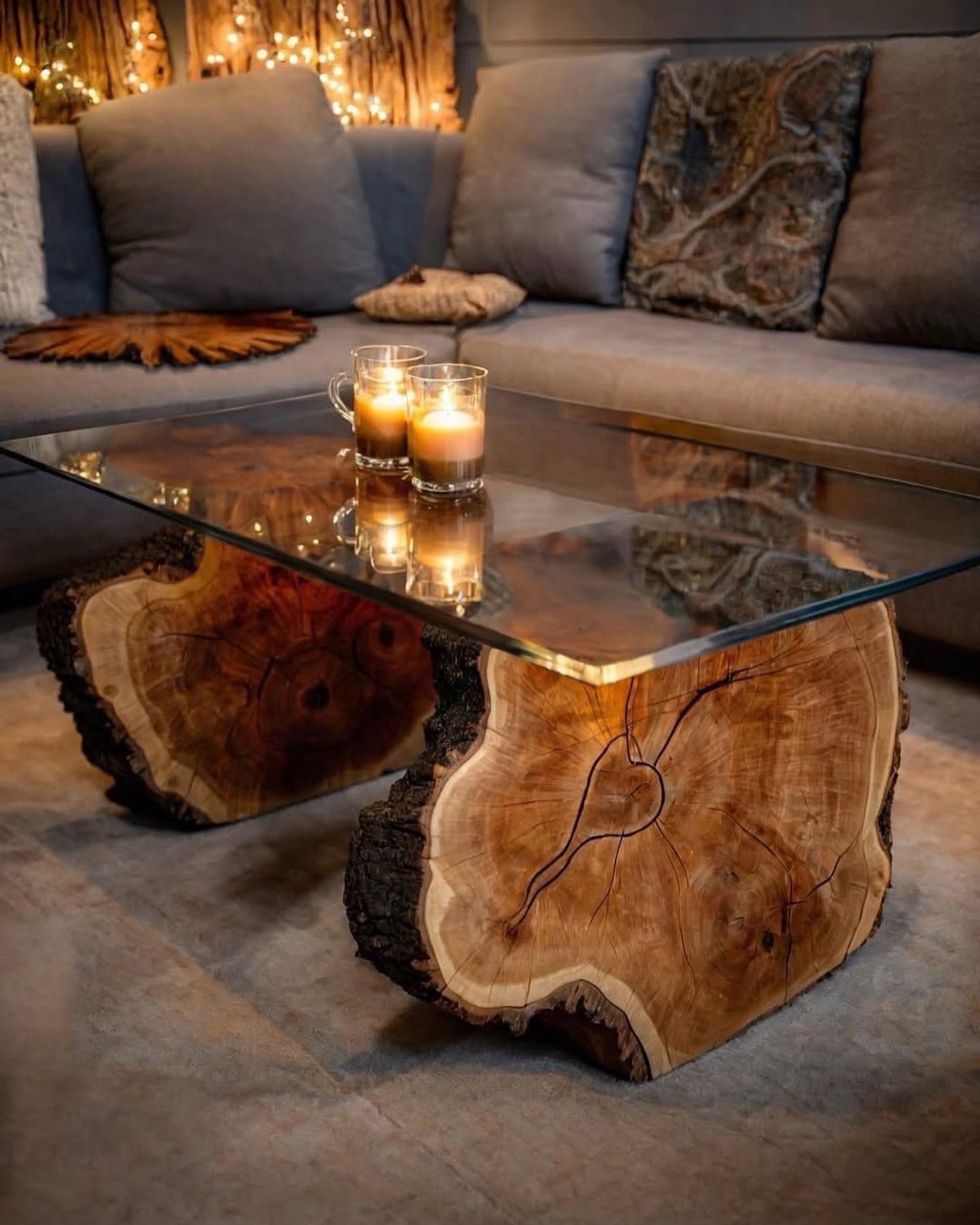Glass top coffee table supported by two natural wood log slices in a living room