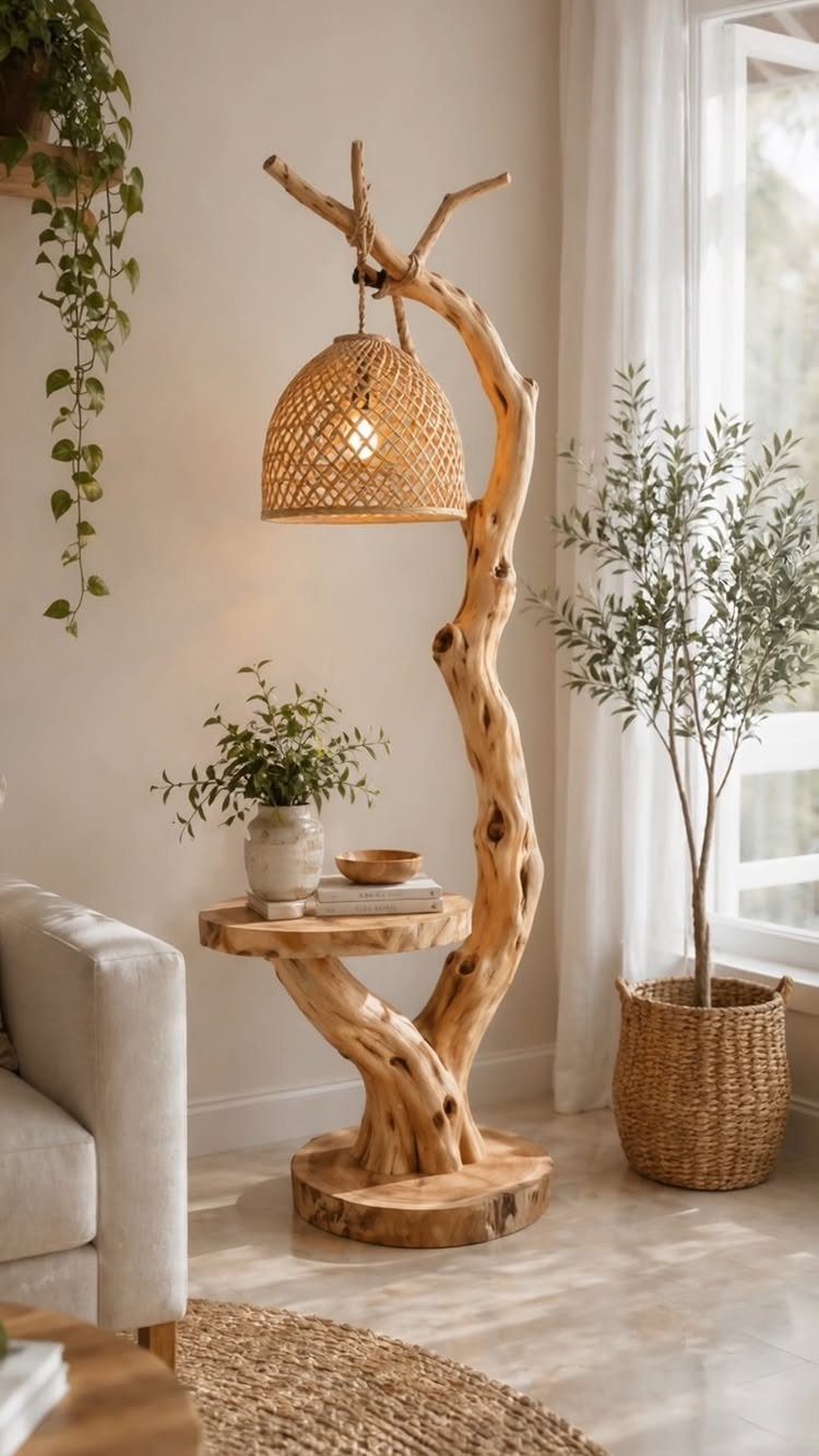 Sculptural wooden floor lamp with a built-in shelf and woven wicker shade.