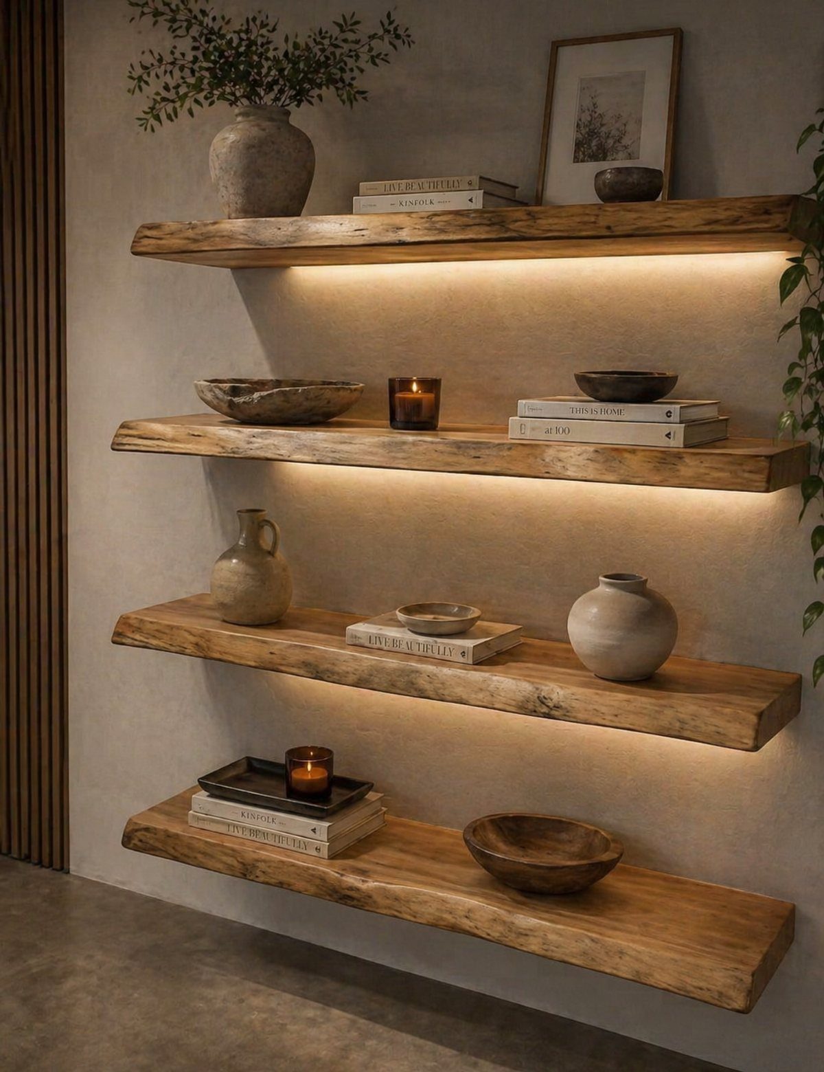 14 Wood Ideas to Sell: Easy Projects for Craft Fairs 3 Rustic live-edge wooden floating shelves with under-lighting holding decorative vases and books.