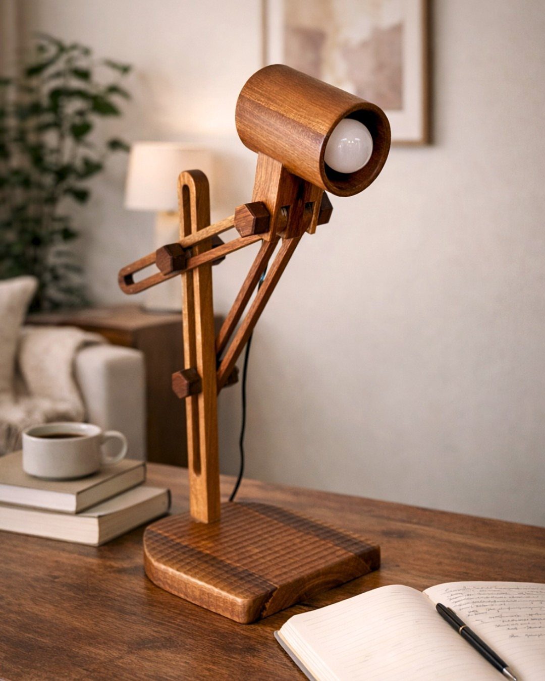 Wood Lamp Design: 14 Table, Floor and Pendant Ideas 6 Articulated wooden desk lamp with a cylindrical head on a wooden table.