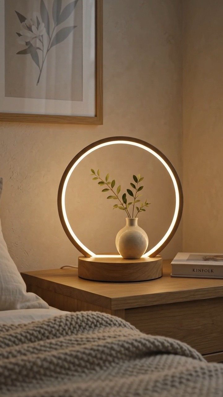 Wood Lamp Design: 14 Table, Floor and Pendant Ideas 2 Circular wooden table lamp with glowing LED ring and a small vase of greenery.