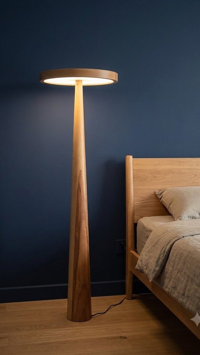 Wood Lamp Design: 14 Table, Floor and Pendant Ideas 4 Minimalist wooden floor lamp with a tapered base and circular glowing top.