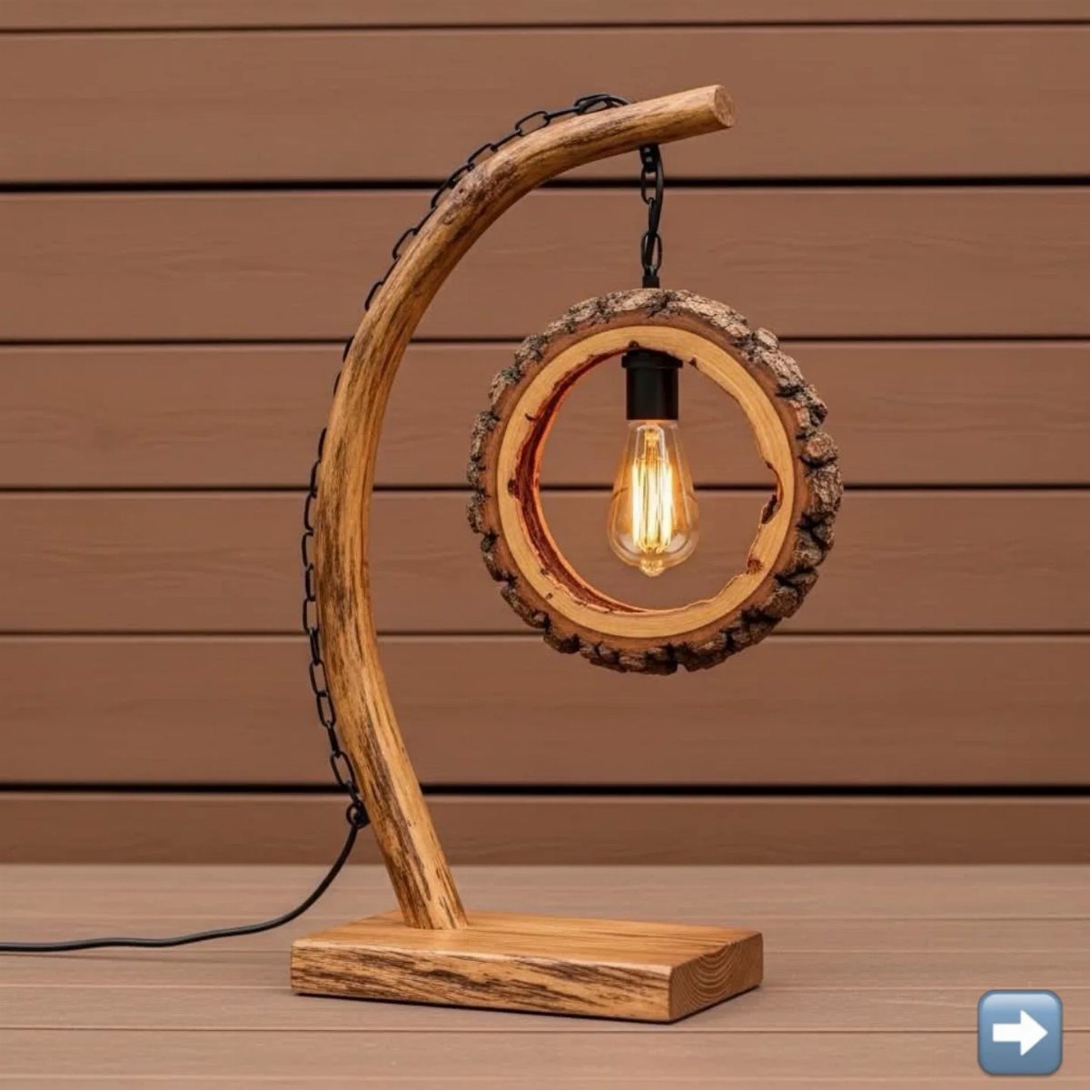 Wood Lamp Design: 14 Table, Floor and Pendant Ideas 7 Wooden table lamp with a curved branch arm and circular wood slice frame.