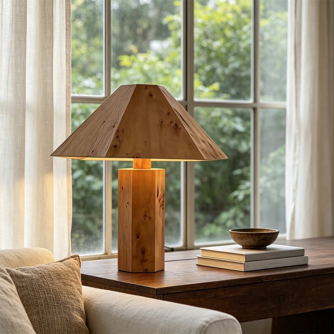 Wood Lamp Design: 14 Table, Floor and Pendant Ideas 1 Wooden table lamp with pyramid shade on a dark wood table by a window