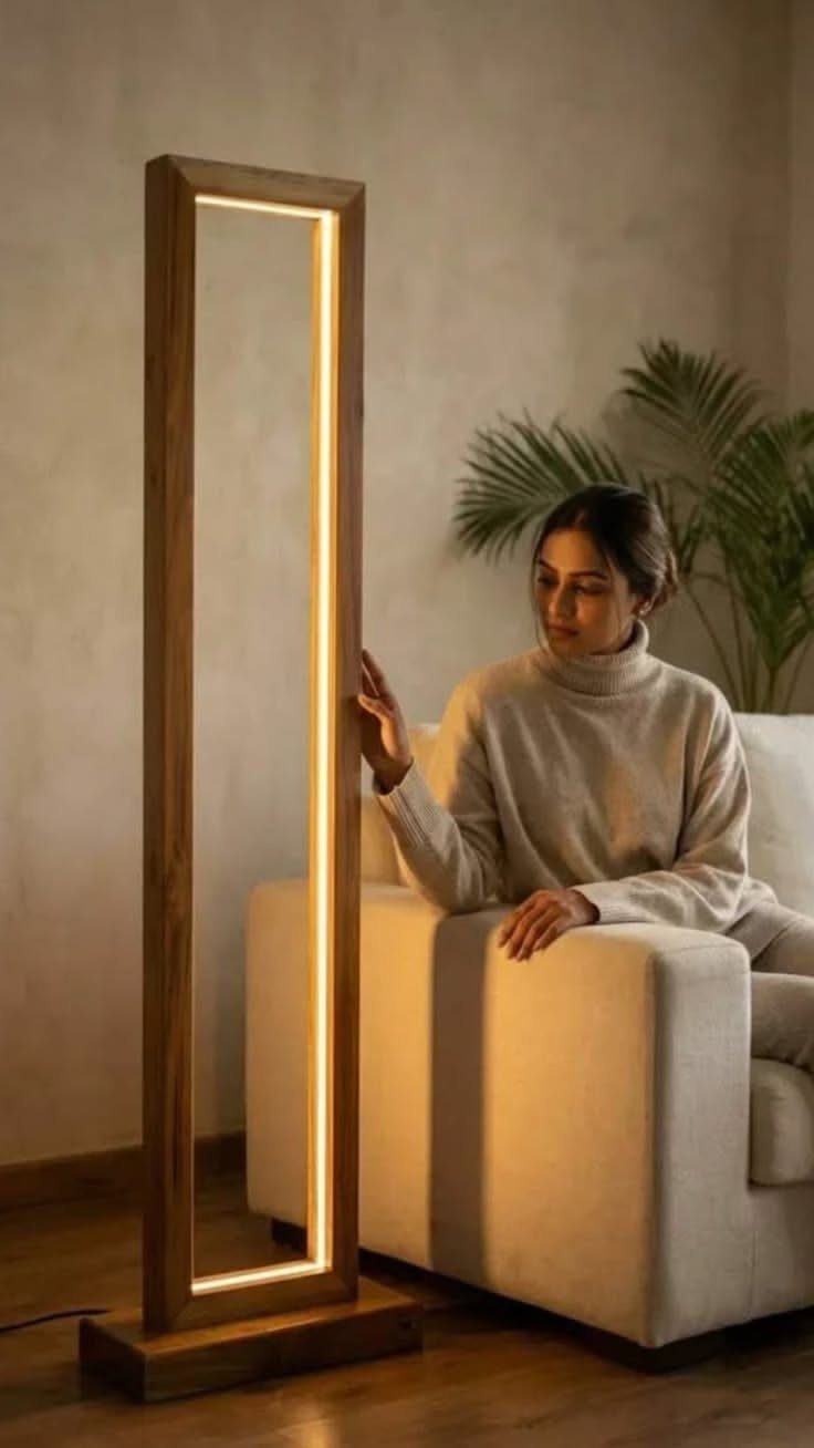 Wood Lamp Design: 14 Table, Floor and Pendant Ideas 14 Tall rectangular wooden floor lamp with glowing light next to a woman on a sofa.