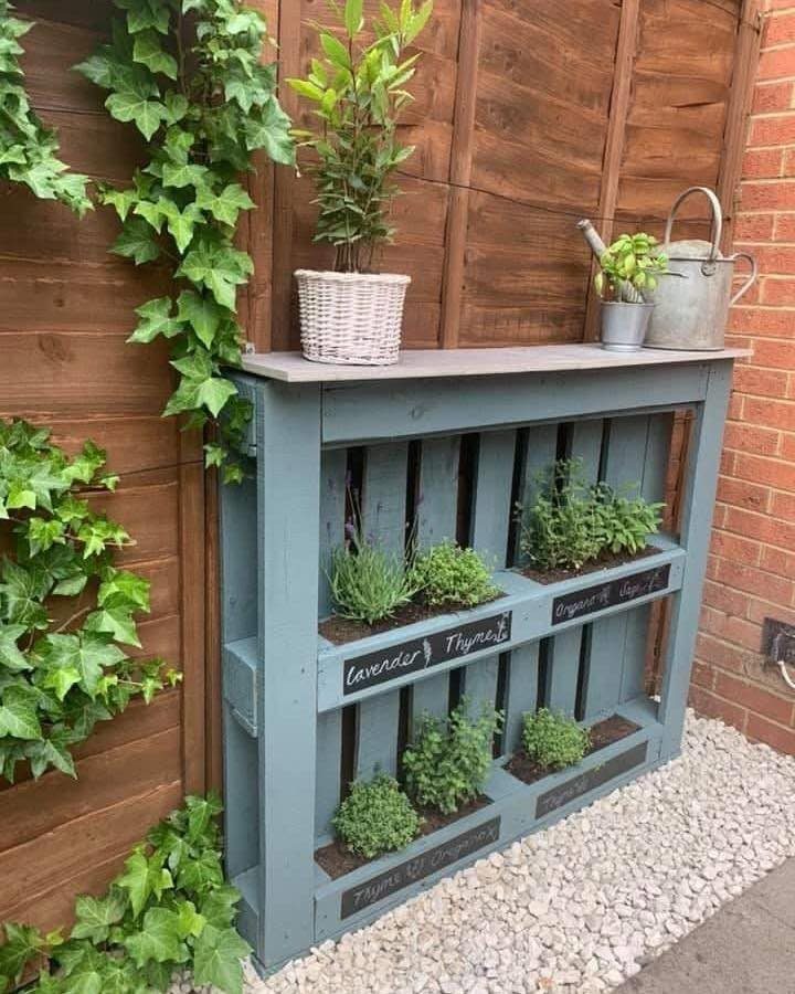 17 Wood Pallet Projects for Furniture, Decor, and Garden 8 Blue pallet vertical herb garden with green plants against a wooden fence.