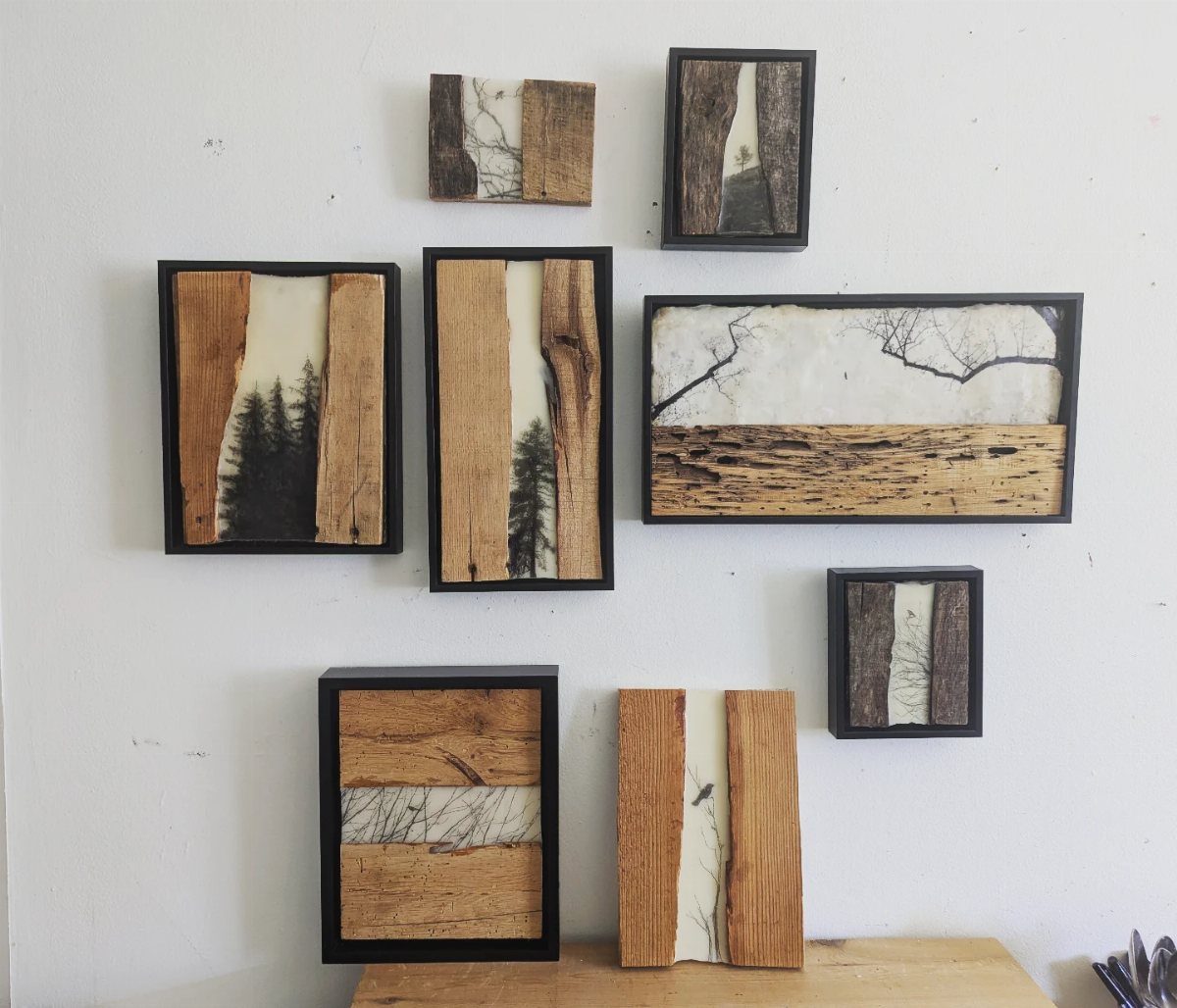 Wood Piece Art Ideas: 25 Designs for Walls and Shelves 12 Abstract brown wood and resin wall art pieces arranged on a white wall