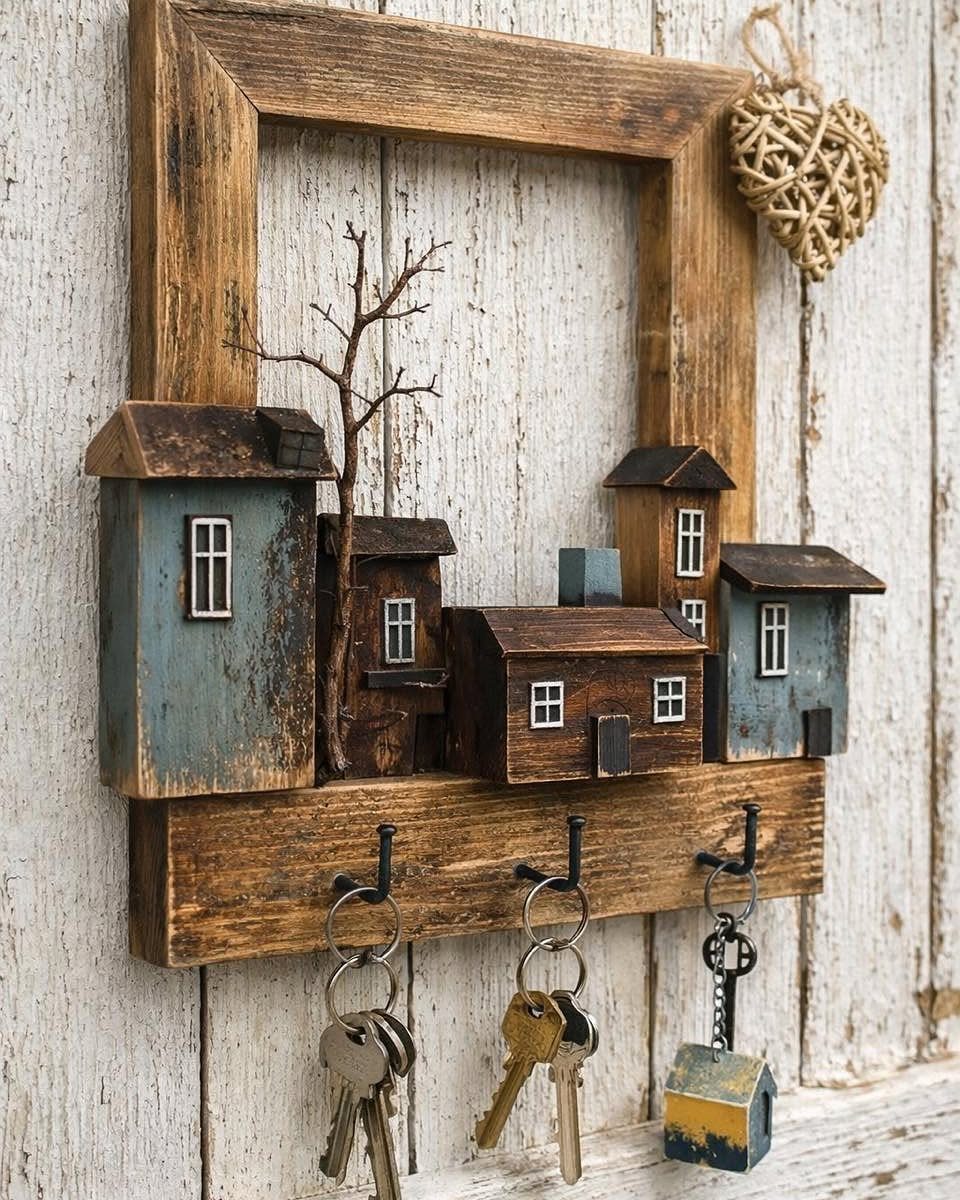 Wood Piece Art Ideas: 25 Designs for Walls and Shelves 3 Rustic wooden wall organizer with miniature houses and hooks holding several metal keys.