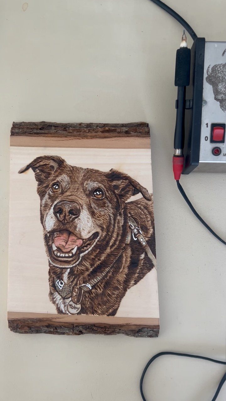 Wood Piece Art Ideas: 25 Designs for Walls and Shelves 4 Wood-burned portrait of a brown dog on a natural wood slice with bark edges.