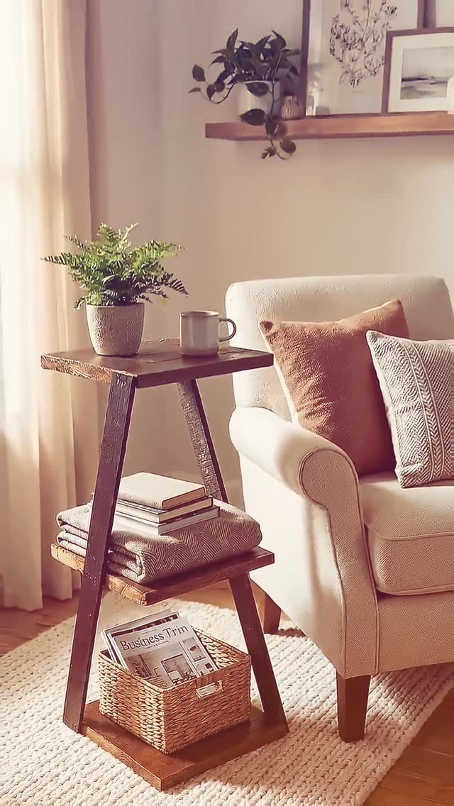 Wooden side table with two shelves next to a white armchair in a living room.