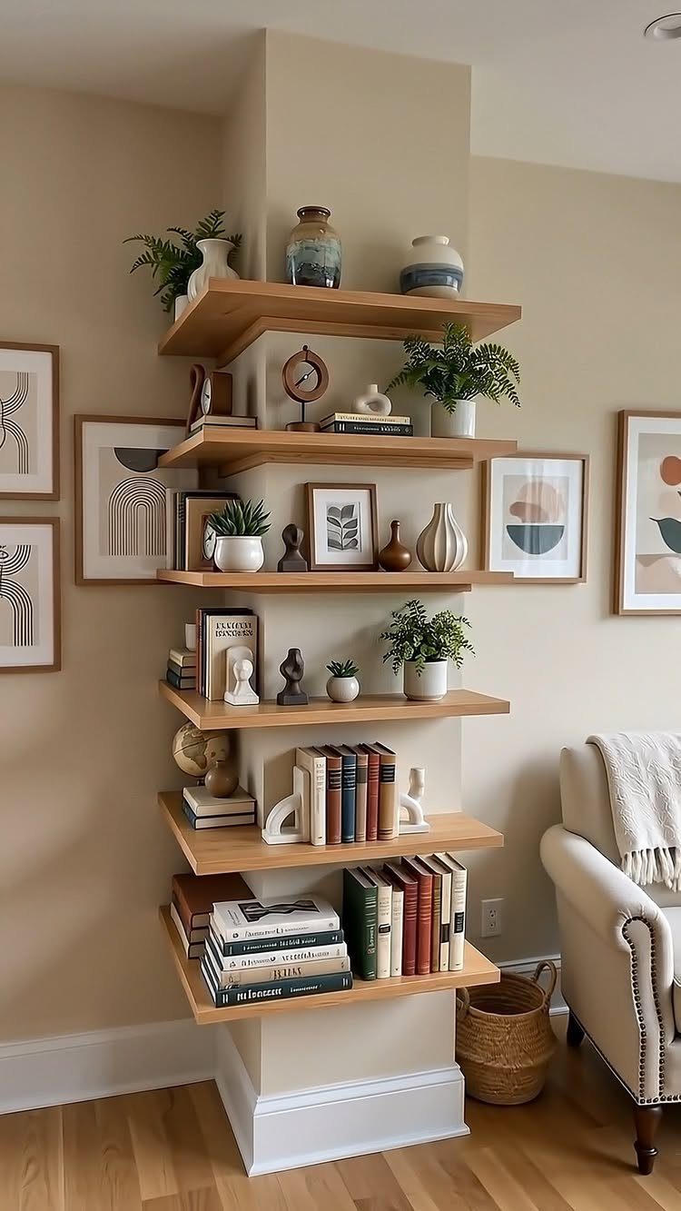 Wooden floating wall shelves decorated with books, plants, and framed art in a living room.