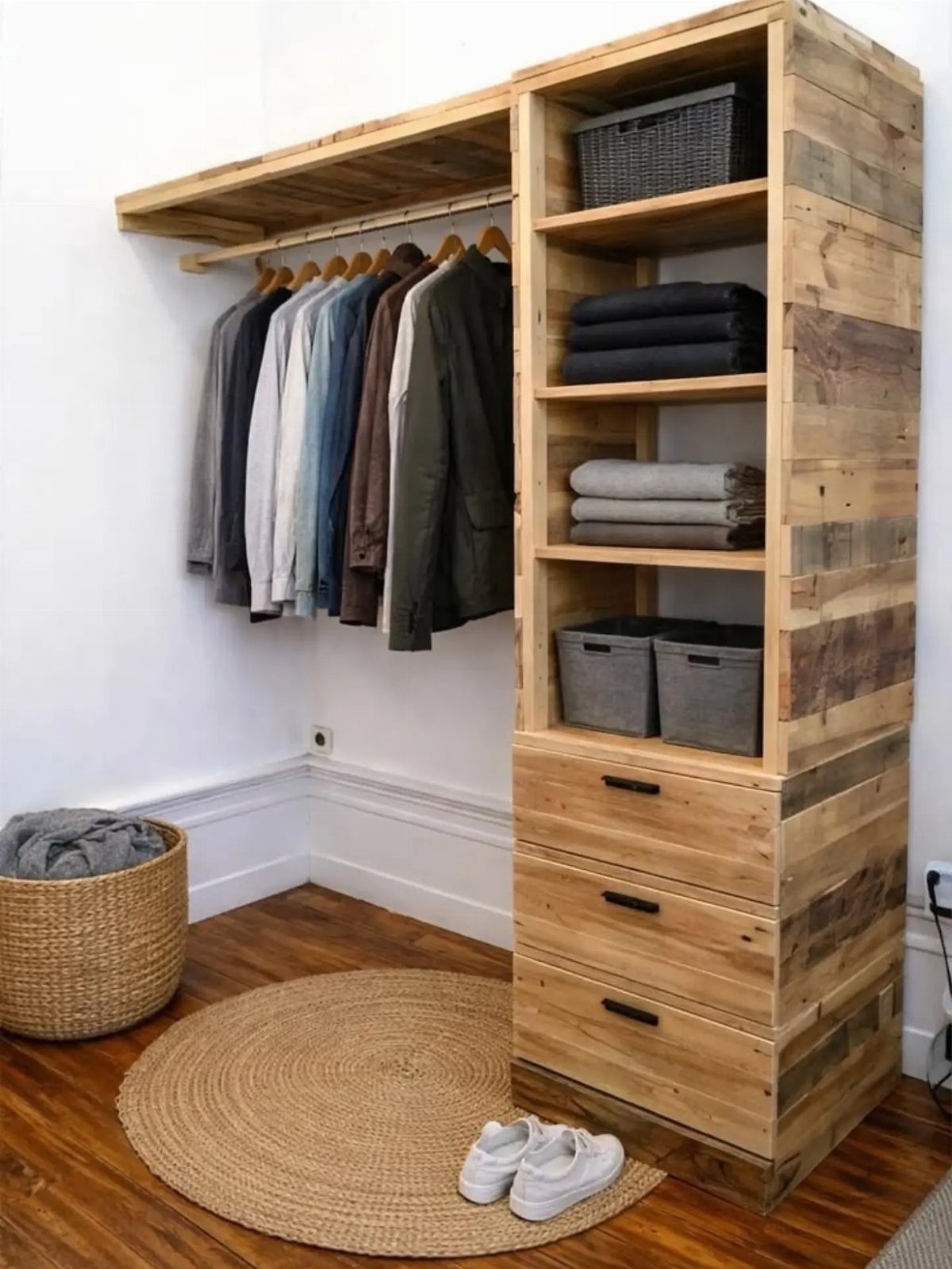 18 Wood Projects with Plans for Every Skill Level 4 Wooden entryway organizer with coat rack, shelving, and drawers against a white wall.