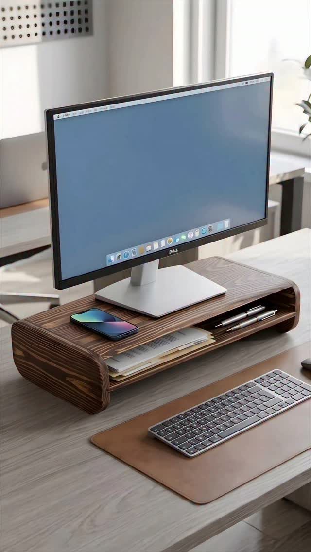 18 Wood Projects with Plans for Every Skill Level 2 Wooden desk organizer holding a monitor, phone, and pens on a modern workspace.