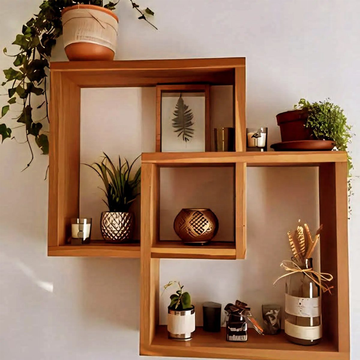 18 Wood Projects with Plans for Every Skill Level 13 Wooden interlocking wall shelves decorated with potted plants and small home ornaments.