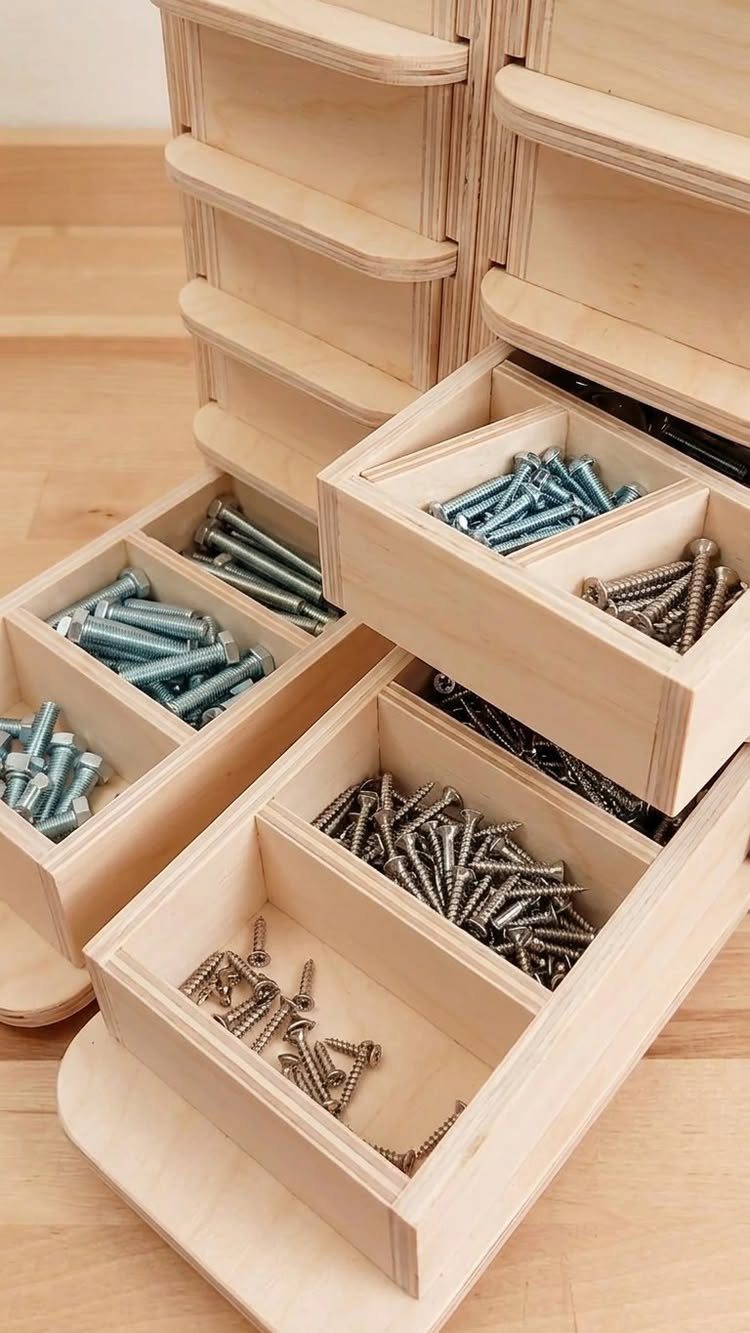 18 Wood Projects with Plans for Every Skill Level 14 Plywood storage unit with open drawers filled with organized metal screws and bolts.