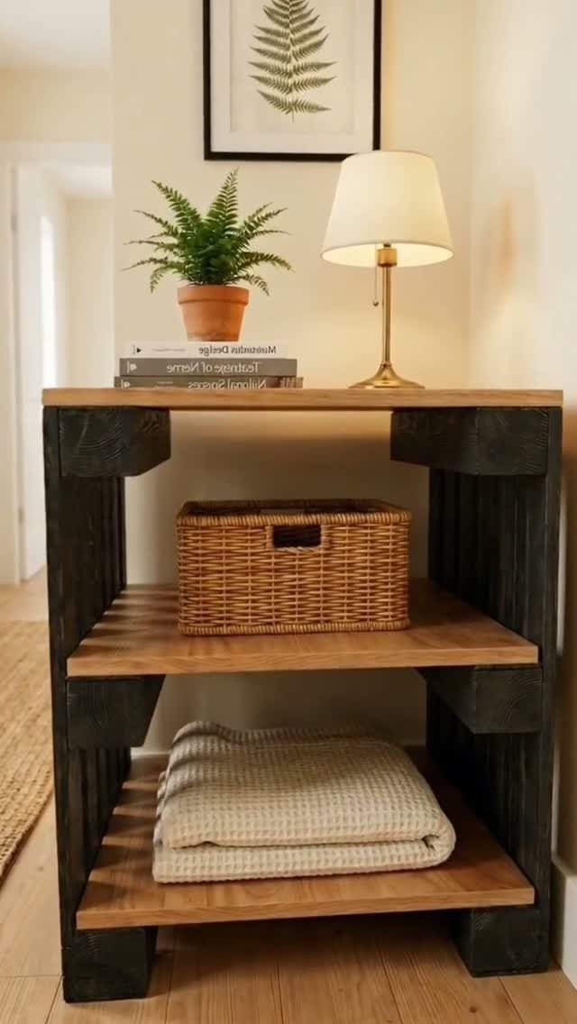 18 Wood Projects with Plans for Every Skill Level 18 Wooden three-tier side table with black supports holding a lamp and home decor.