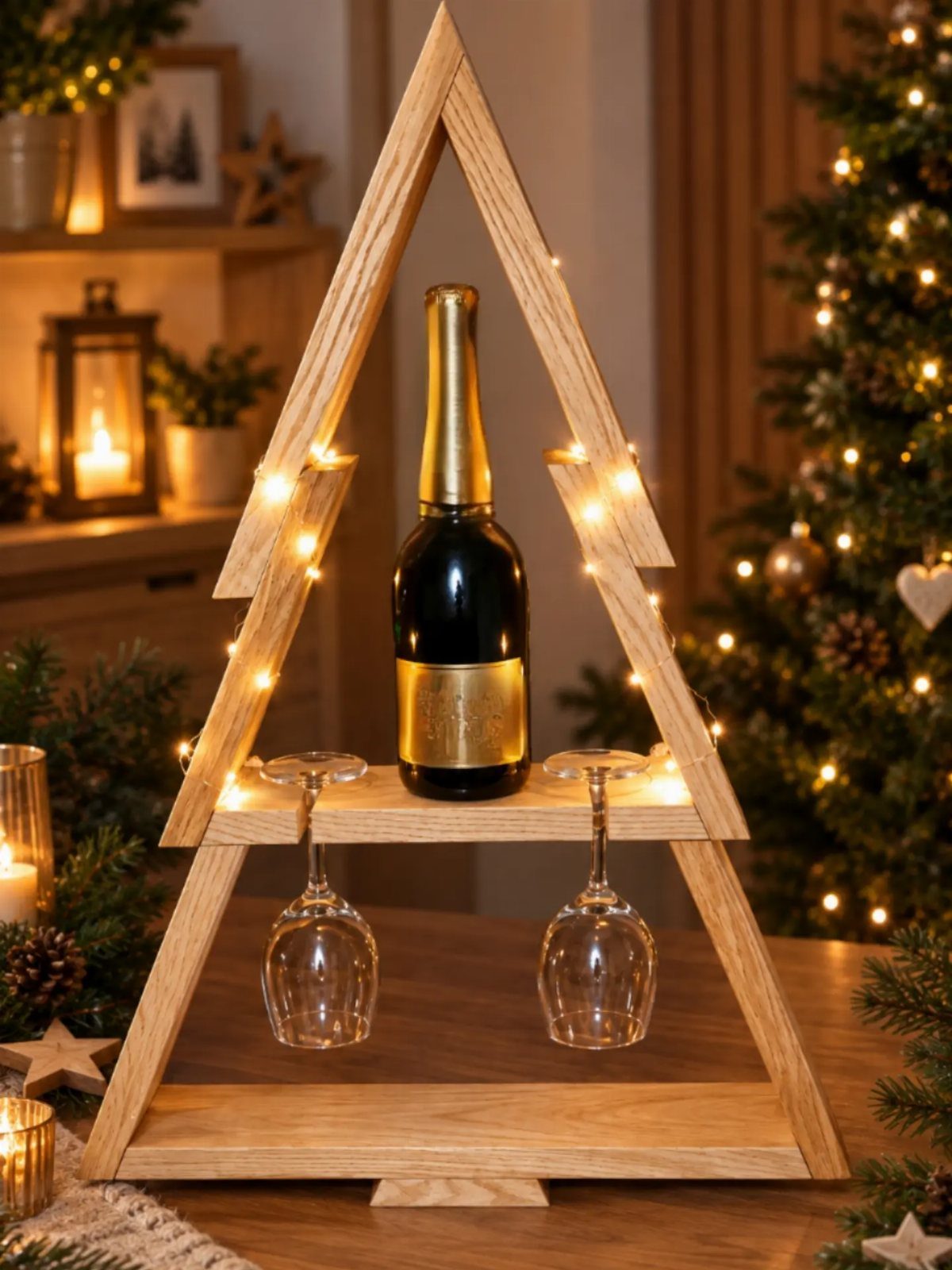 18 Wood Projects with Plans for Every Skill Level 5 Wooden A-frame wine rack with champagne bottle and glasses decorated with fairy lights