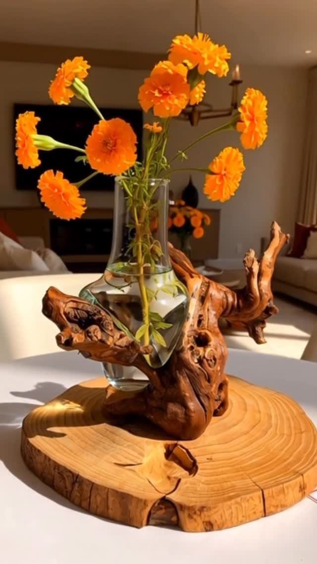 Wood slice centerpiece with driftwood and orange marigolds in a glass vase.