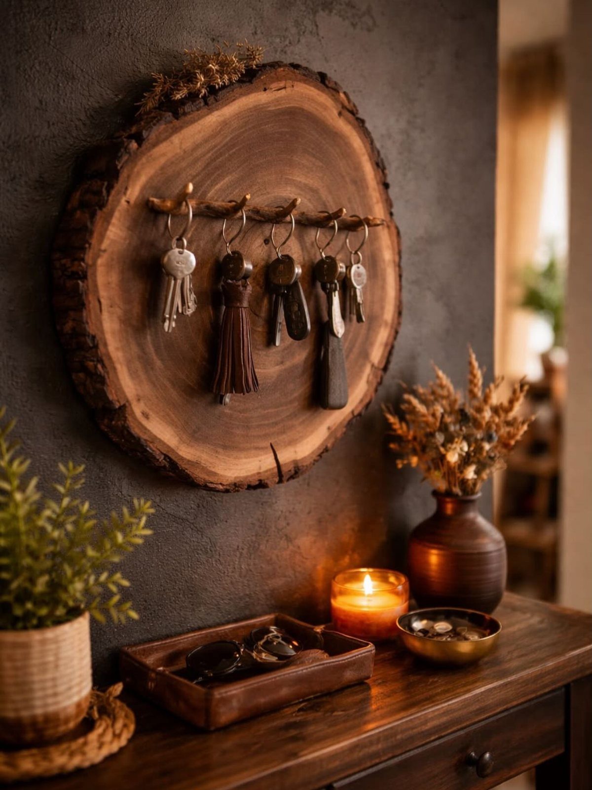 Wood slice key holder on a dark wall with keys and home decor.