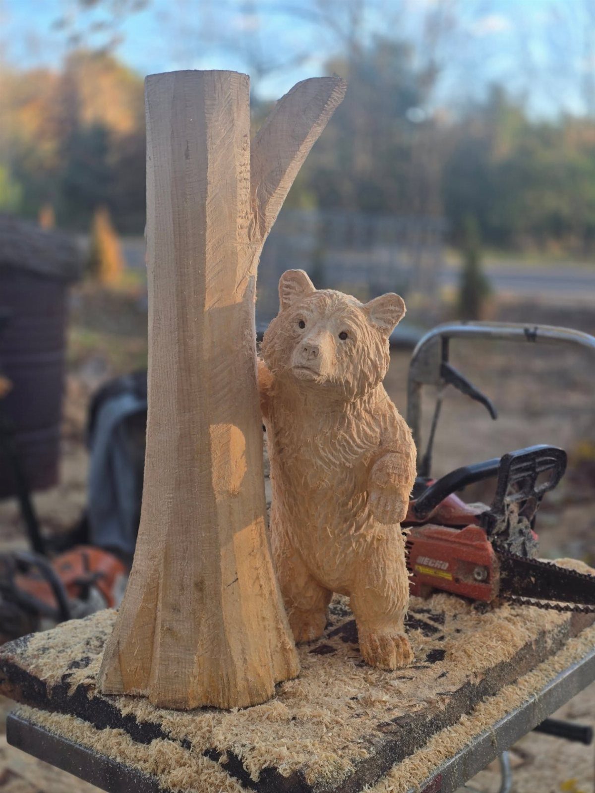 Wood Statue Carving: 6 Ideas from Mushrooms to Bears 4 Carved wooden bear and tree trunk standing on a sawdust covered workbench