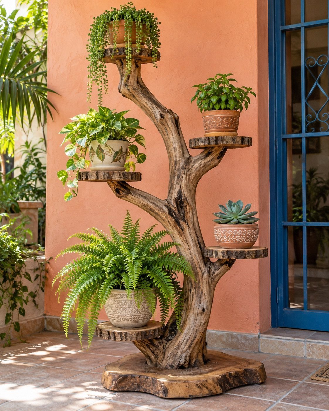 Wooden tree trunk plant stand with potted greenery against a peach wall.