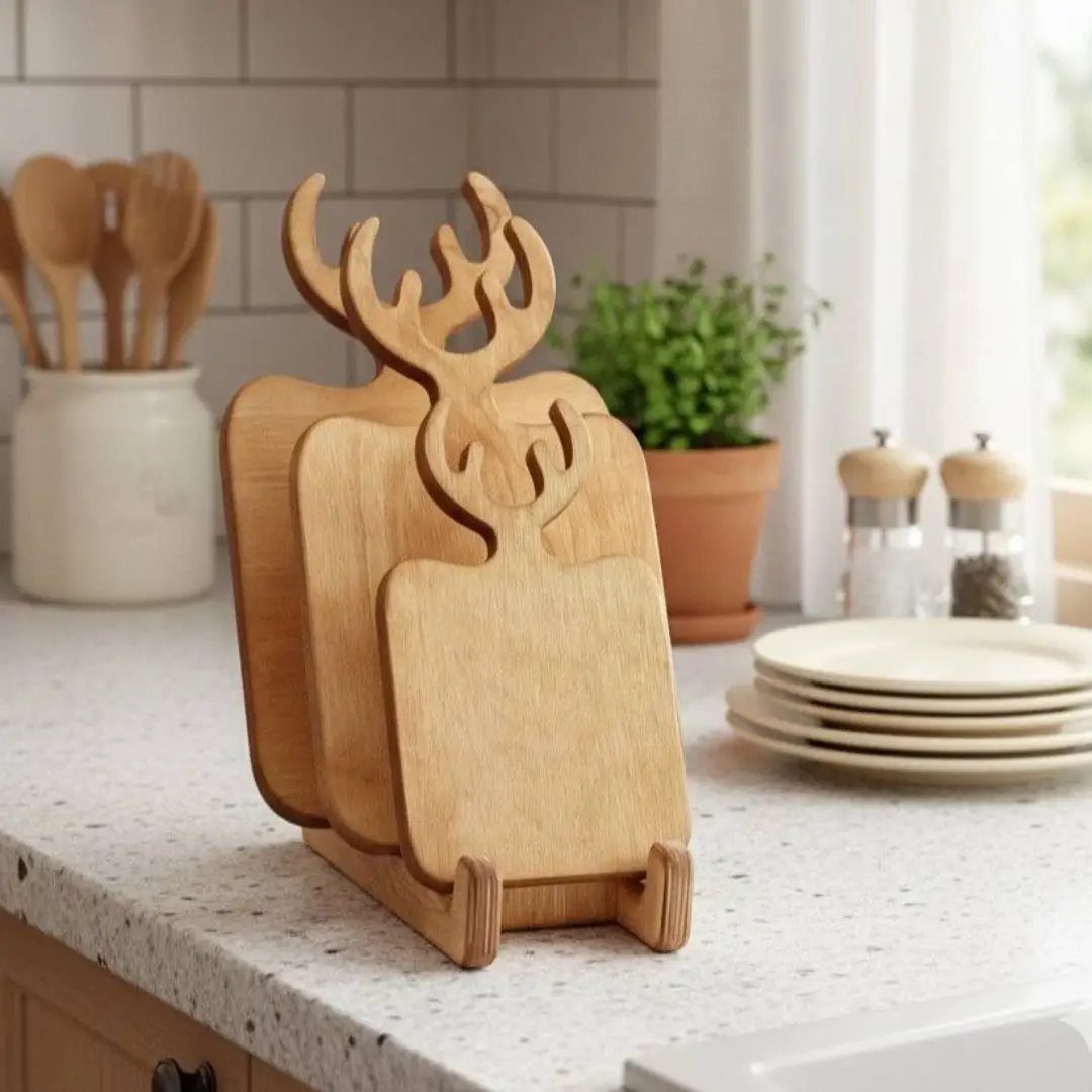 Wooden cutting boards with deer antler handles in a holder on a kitchen counter.