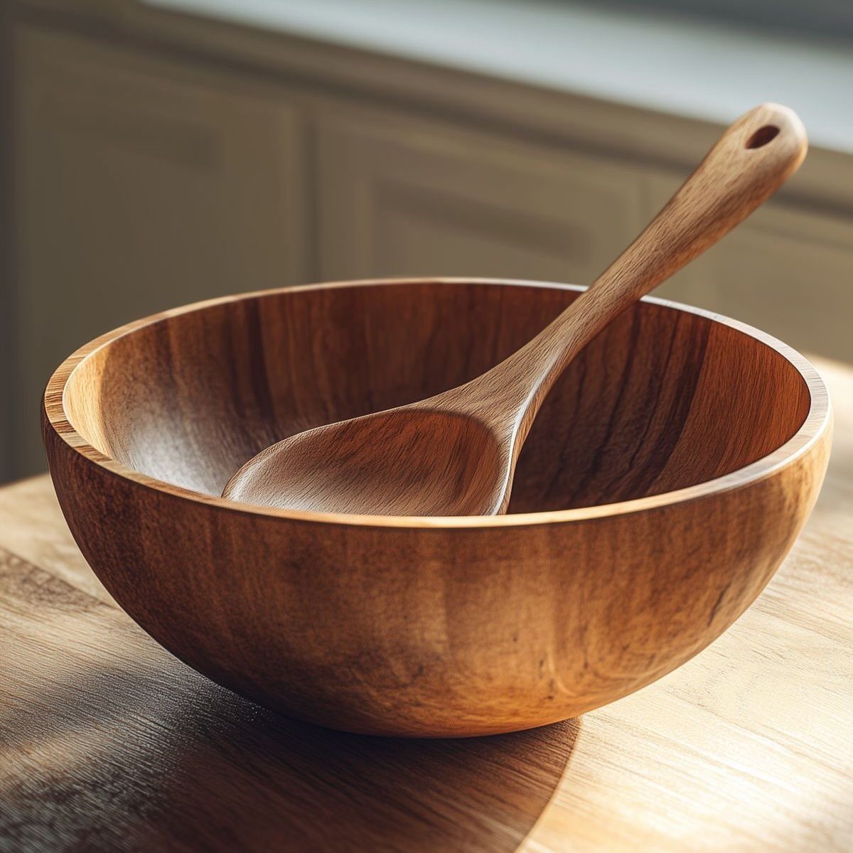 Wooden bowl and matching spoon resting on a light wood surface in a kitchen.