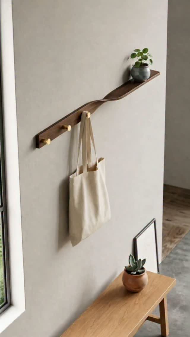 Wooden wall rack with gold hooks holding a beige tote bag and small plant.