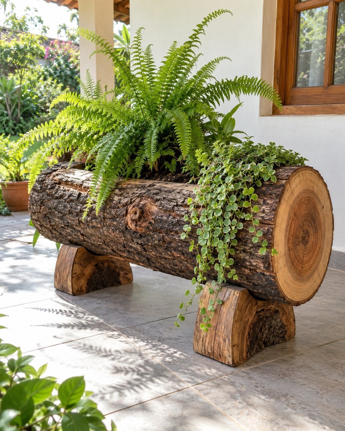 Hollowed log planter with green ferns and trailing plants on a tiled patio.