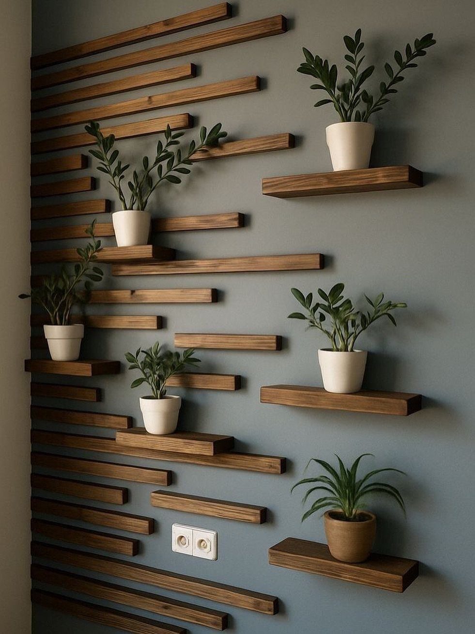 Wooden slat wall installation with floating shelves holding small potted green plants.